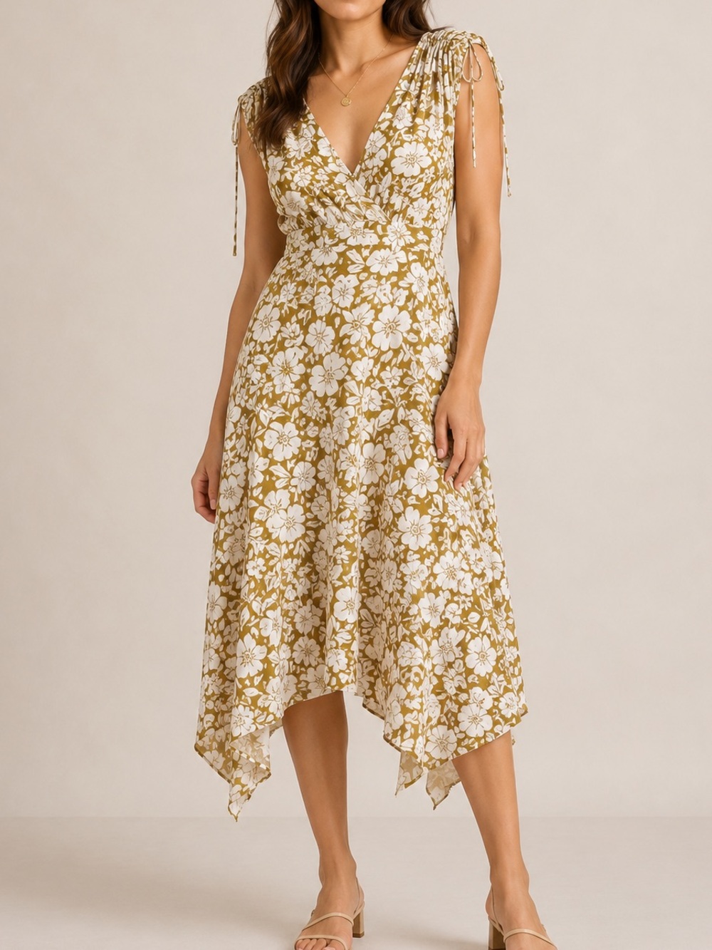 Tularosa Mills Marigold Floral Gold Boho V Neck Flowy Resortwear Midi Dress